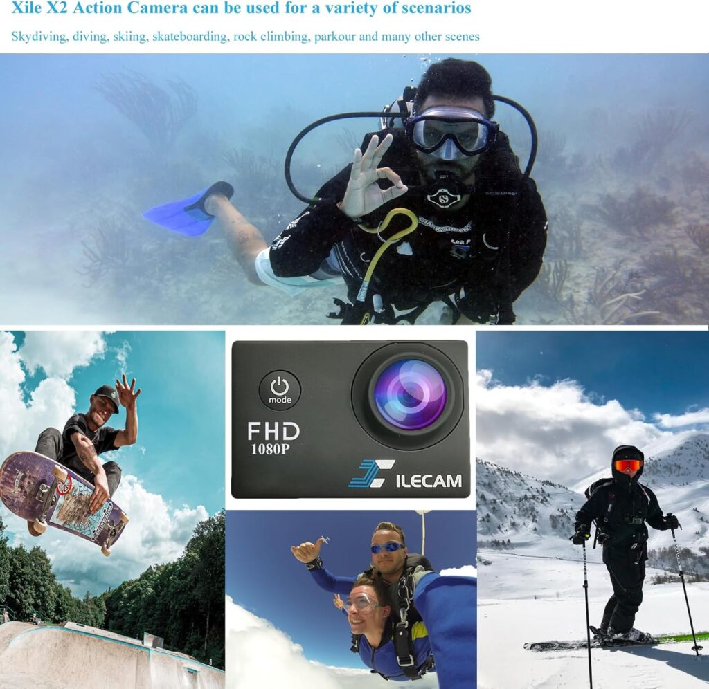 Action Camera 1080P 30fps Sports Camera 40m/131ft Underwater Waterproof with 2 Batteries and Multi-Function Accessory