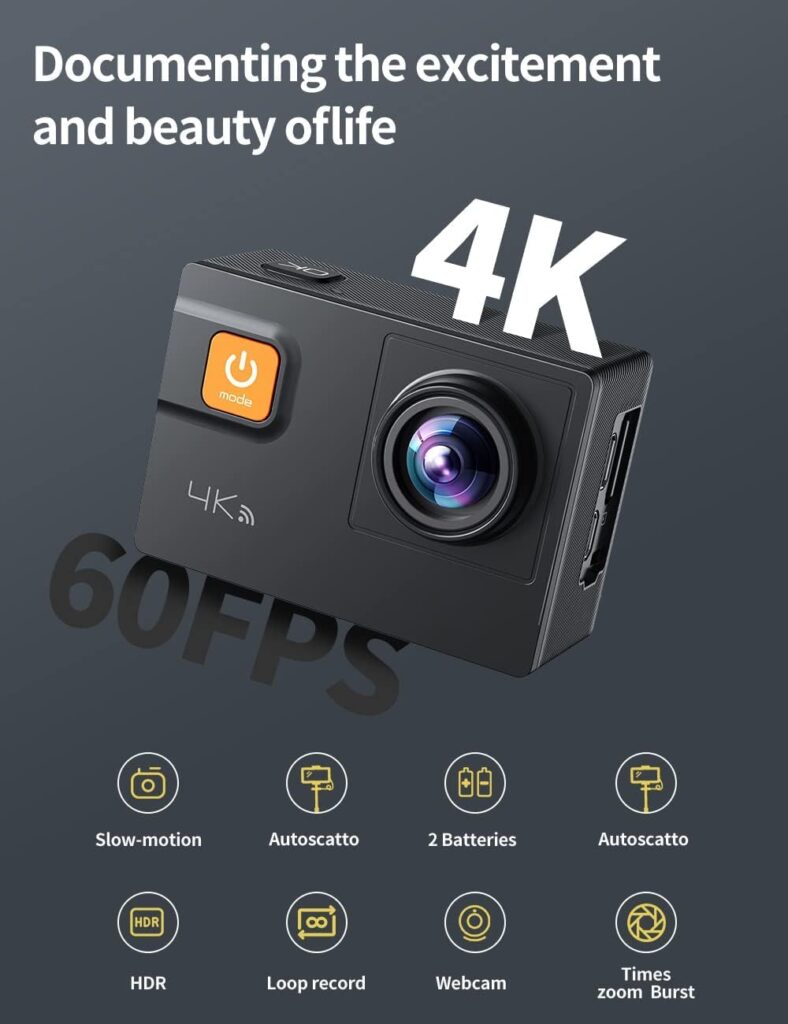 Action Camera 4K 60FPS 20MP Touch Screen 8X Zoom with Carrying Case,Wi-Fi EIS 40M Waterproof Underwater Vlog CamcoderRemote Control Sports Cam with Mounting Accessories Kit