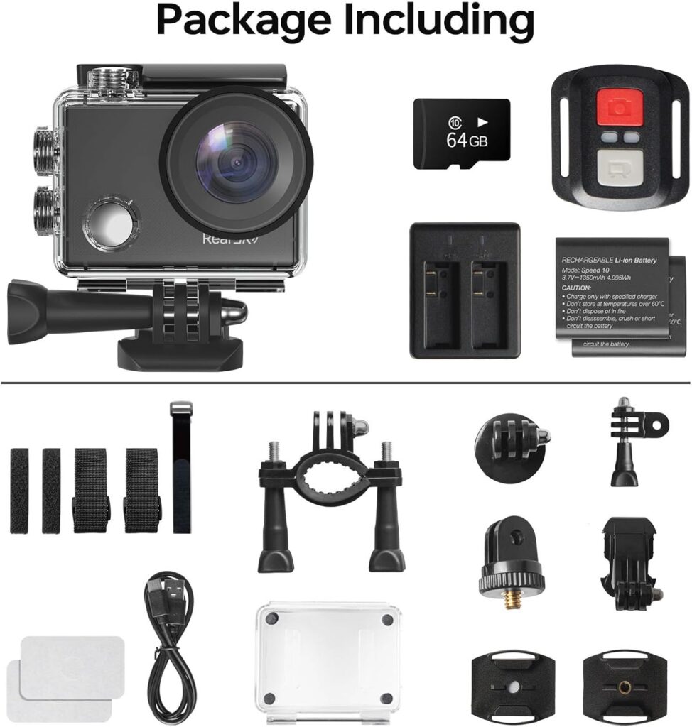 Action Camera 5K 30FPS Waterproof Camera Underwater 131 FT with EIS, Sports Camera 5X Zoom with 64GB SD Card, 2 Battery and Remote Control, Black