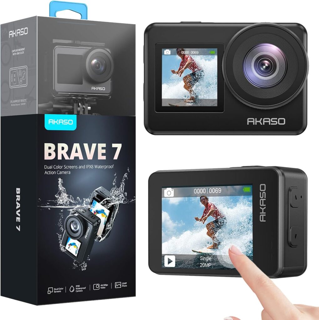 AKASO Brave 7 Action Camera 4K30FPS 20MP with 64GB U3 MicroSDXC Memory Card, Waterproof Camera with Touch Screen IPX8 33FT EIS 2.0 Zoom Support External Mic Voice Control with 2X 1350mAh Batteries
