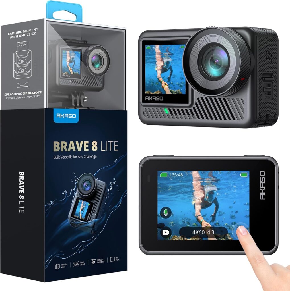AKASO Brave 8 Lite Waterproof Action Camera with 4K60 Ultra HD Video, 20MP Photos, HDR, Touch Screen, SuperSmooth Stabilization, 8X Slow Motion, ZOOM, Super Wide Angle, Remote Control and Accessories
