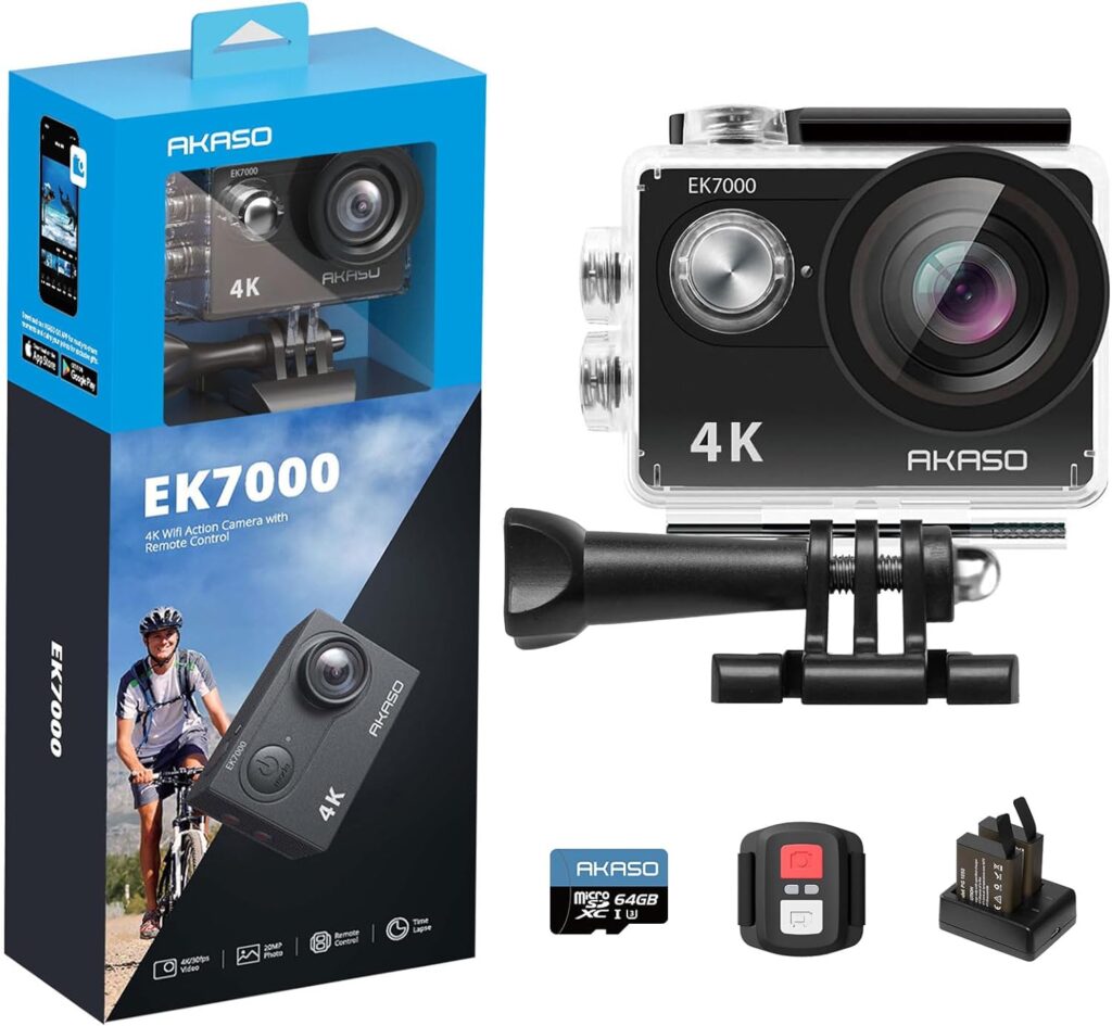 AKASO EK7000 4K30FPS 20MP Action Camera 98FT Waterproof Camera Ultra HD Underwater Camera Support External Microphone with 64GB microSDXC U3 Memory Card (Bundle)