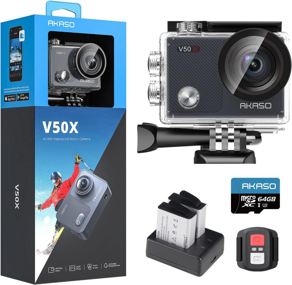 AKASO V50X Native 4K30fps WiFi Action Camera with EIS Touch Screen 4X Zoom 131 feet Waterproof Camera Support External Mic Remote Control with Helmet Accessories (without 64GB MicroSD Card)