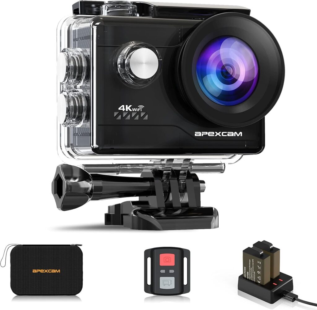 Apexcam Action Camera 4K Sports Camera 20MP 40M 170°Wide-Angle WiFi Waterproof Underwater Camera with 2.4G Remote Control 2 Batteries 2.0 LCD Ultra HD Camera with Mounting Accessories Kit