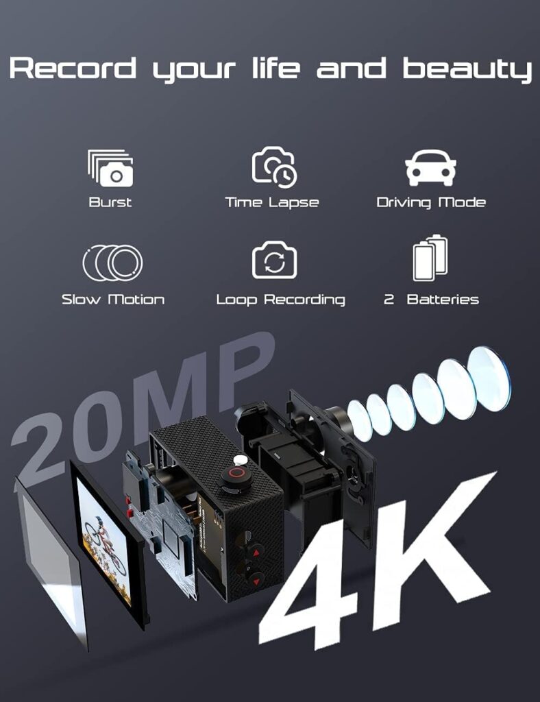 Apexcam Action Camera 4K Sports Camera 20MP 40M 170°Wide-Angle WiFi Waterproof Underwater Camera with 2.4G Remote Control 2 Batteries 2.0 LCD Ultra HD Camera with Mounting Accessories Kit