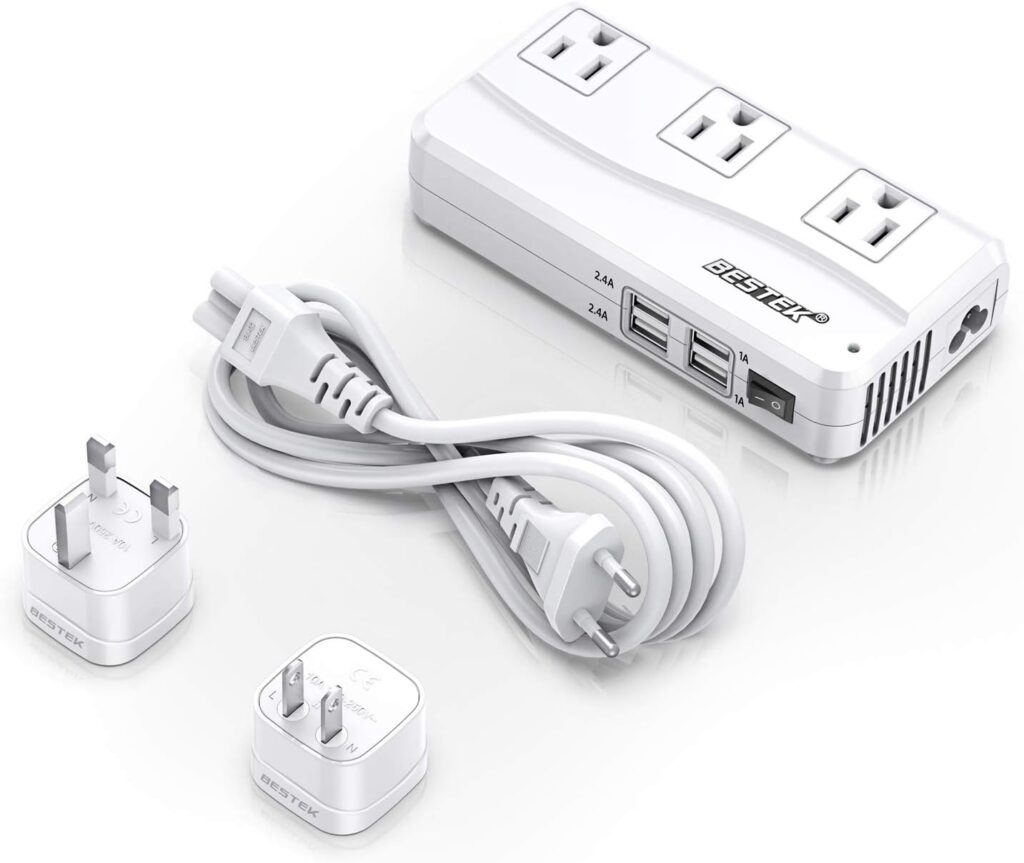 BESTEK Universal Travel Adapter 220V to 110V Voltage Converter with 6A 4-Port USB Charging and UK/AU/US/EU Worldwide Plug Adapter (White)