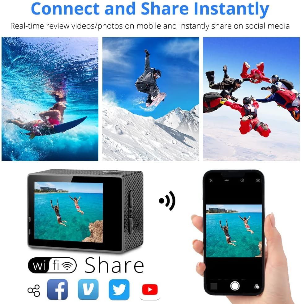 Dragon Touch 4K Action Camera 20MP Vision 3 Underwater Waterproof Camera 170° Wide Angle WiFi Sports Cam with Remote and Mounting Accessories Kit