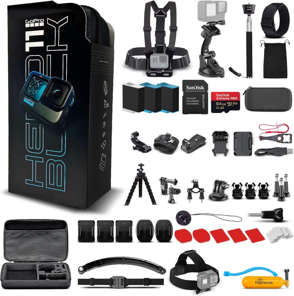 GoPro HERO11 (HERO 11) Black - Waterproof Action Camera with 5.3K Video, 27MP Photos, 1/1.9 Sensor, Live Streaming, Webcam, Stabilization + 64GB Card, 50 Piece Accessory Kit and 2 Extra Batteries