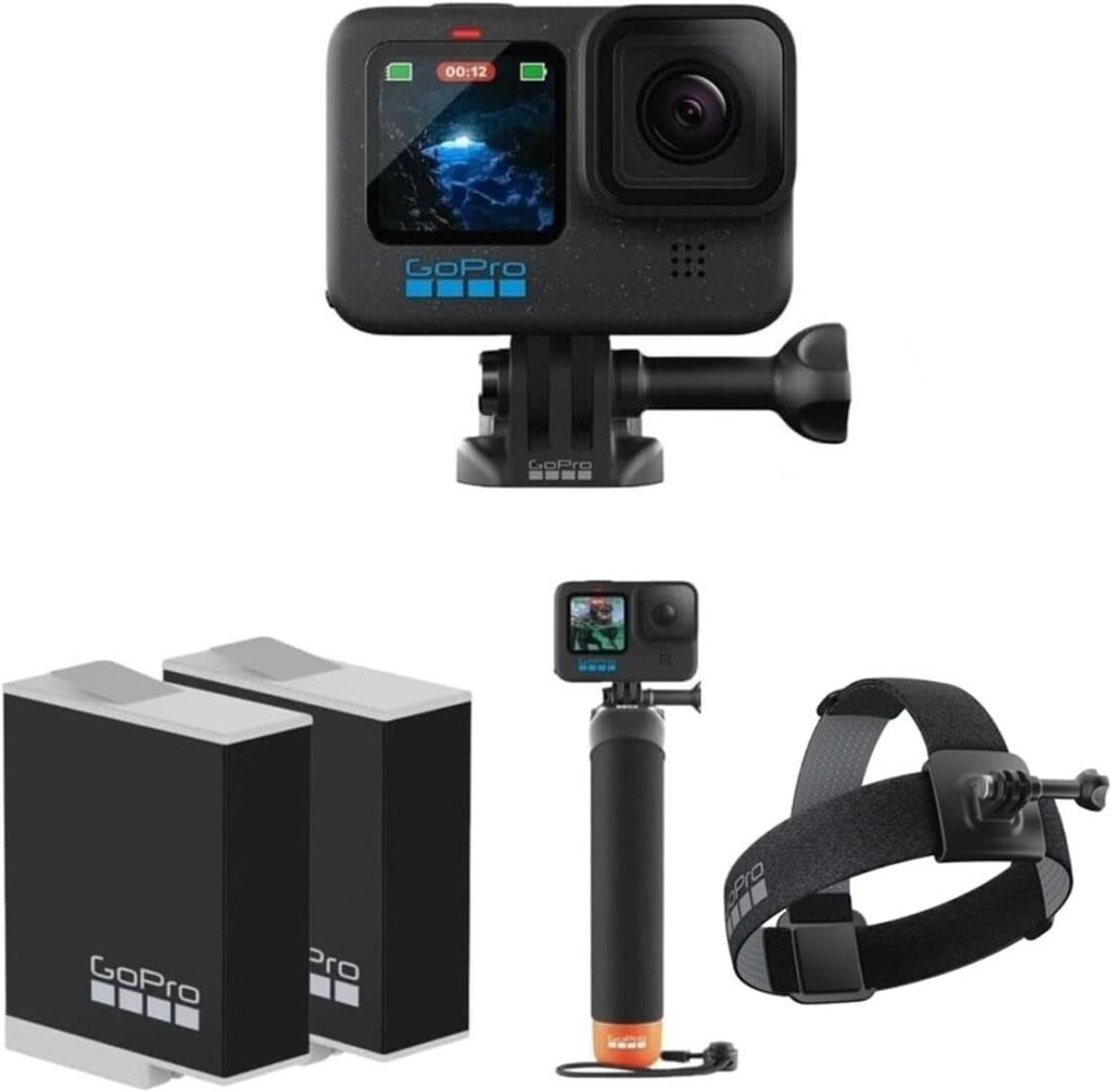 GoPro HERO12 Black Action Camera with Bundle, 2X Rechargeable Batteries, Go Pro Handler (Floating Hand Grip), Head Strap 2.0, Mounting Buckle + Thumb Screw, Extreme Sport Hero 12