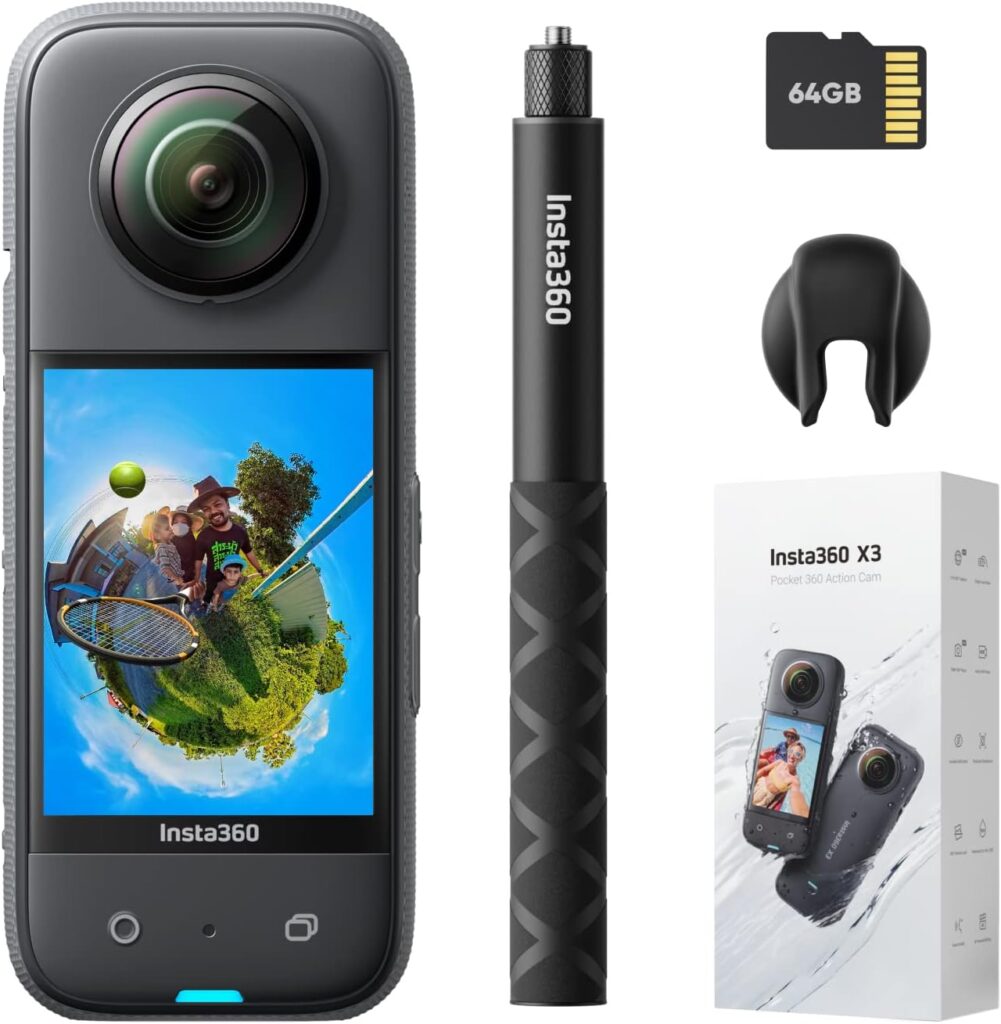 Insta360 X3 - Get Set Kit Waterproof 360 Action Camera with 1/2 48MP Sensors, 5.7K 360 Active HDR Video, 72MP 360 Photo, 4K Single-Lens, 60fps Me Mode, Stabilization, 2.29 Touchscreen, AI Editing