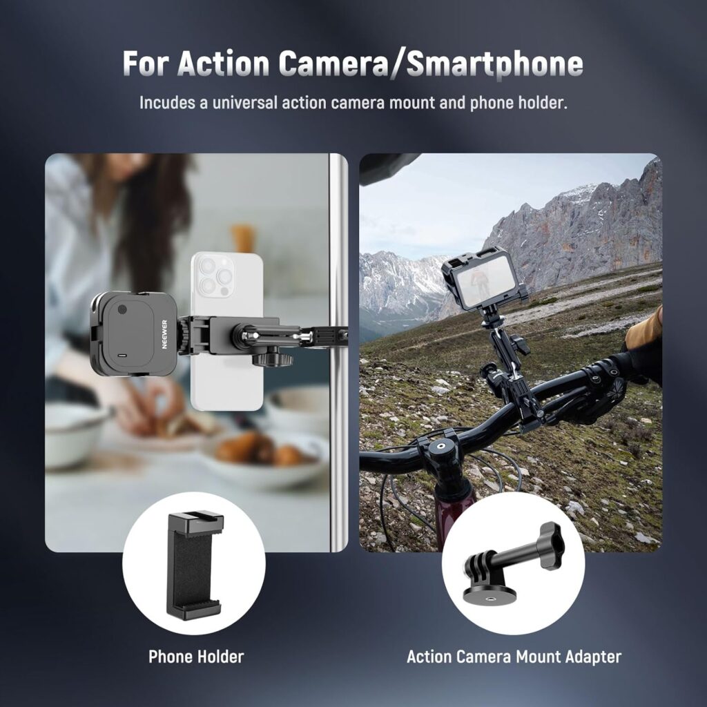 NEEWER Super Clamp with 3 Dual Ballhead Magic Arm, Ball Head Adapter, Cold Shoe, Phone Holder, Action Camera Clamp Mount for Flat/Round Surface Compatible with GoPro DJI iPhone 15 Pro Max, ST85