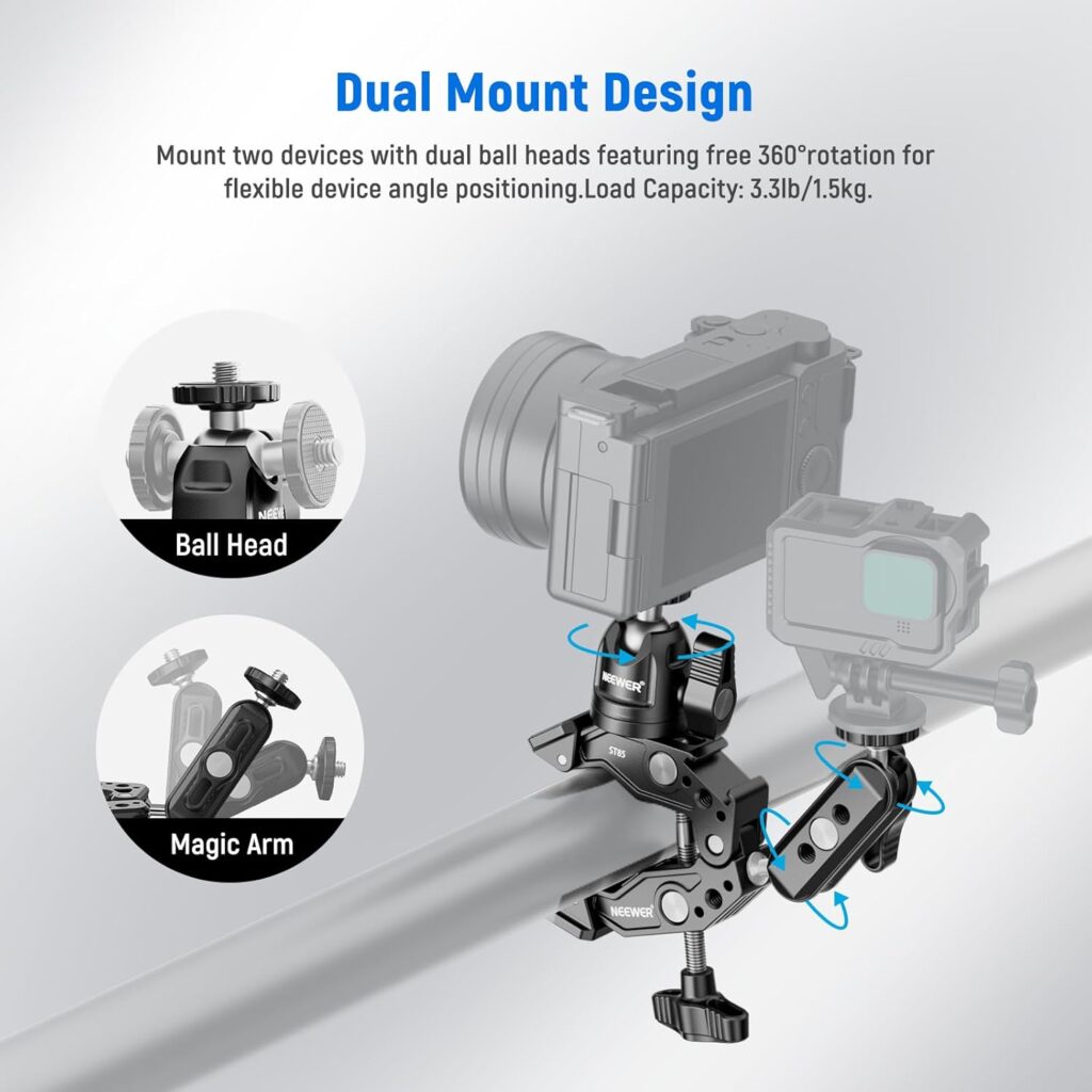 NEEWER Super Clamp with 3 Dual Ballhead Magic Arm, Ball Head Adapter, Cold Shoe, Phone Holder, Action Camera Clamp Mount for Flat/Round Surface Compatible with GoPro DJI iPhone 15 Pro Max, ST85
