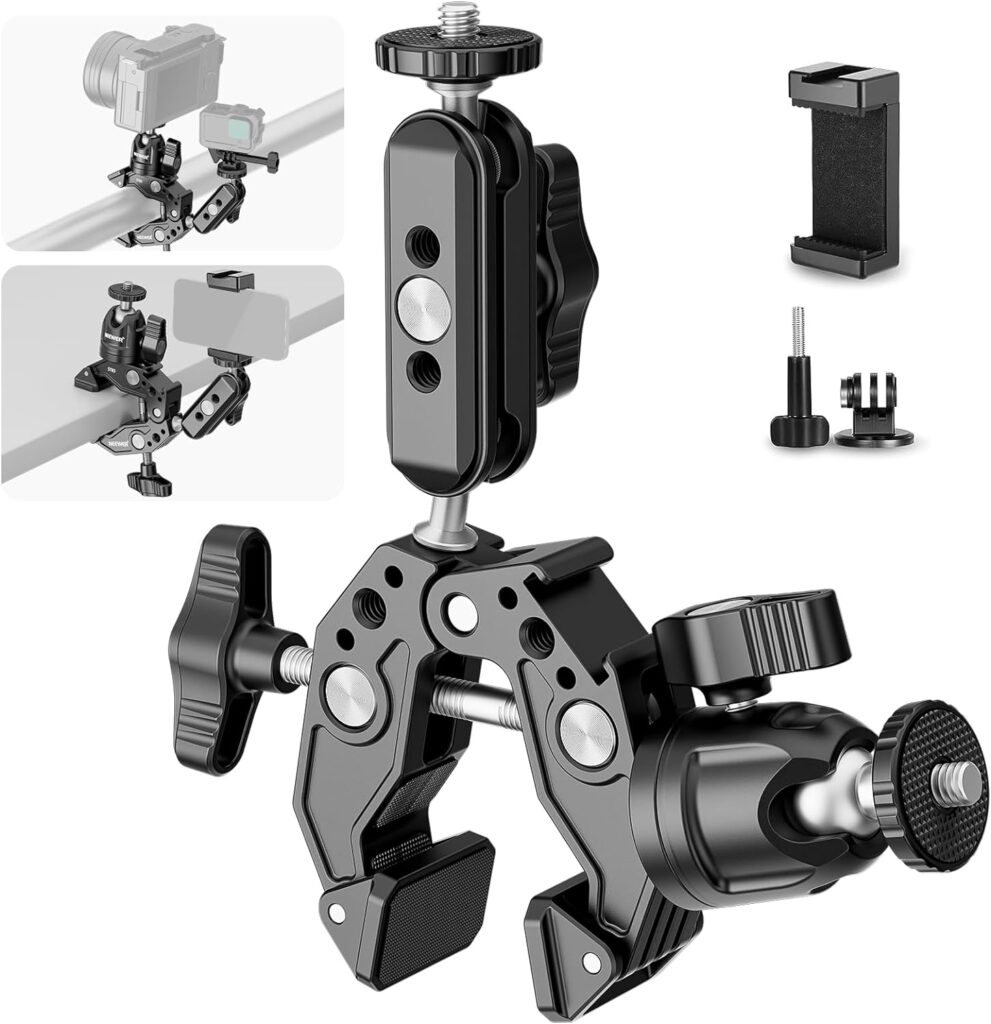 NEEWER Super Clamp with 3 Dual Ballhead Magic Arm, Ball Head Adapter, Cold Shoe, Phone Holder, Action Camera Clamp Mount for Flat/Round Surface Compatible with GoPro DJI iPhone 15 Pro Max, ST85