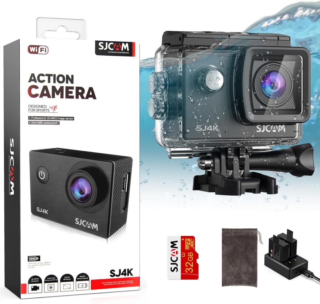 SJCAM SJ4000 Action Camera 4K30fps 40MP WiFi Camera with Stabilization,Underwater Waterproof Camera with 170°FOV,5X Zoom,Dual Batteries,32G SD Card and Helmet Mount Accessories Kits