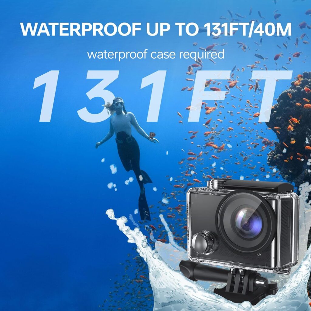 Waterproof Action Camera Underwater 131 FT with EIS, Action Camera 5K 30FPS with Remote Control, Sports Camera 5X Zoom with and 2 Battery, Black