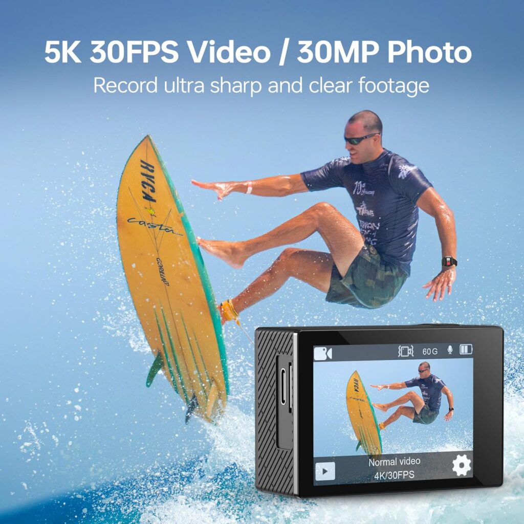 Waterproof Action Camera Underwater 131 FT with EIS, Action Camera 5K 30FPS with Remote Control, Sports Camera 5X Zoom with and 2 Battery, Black