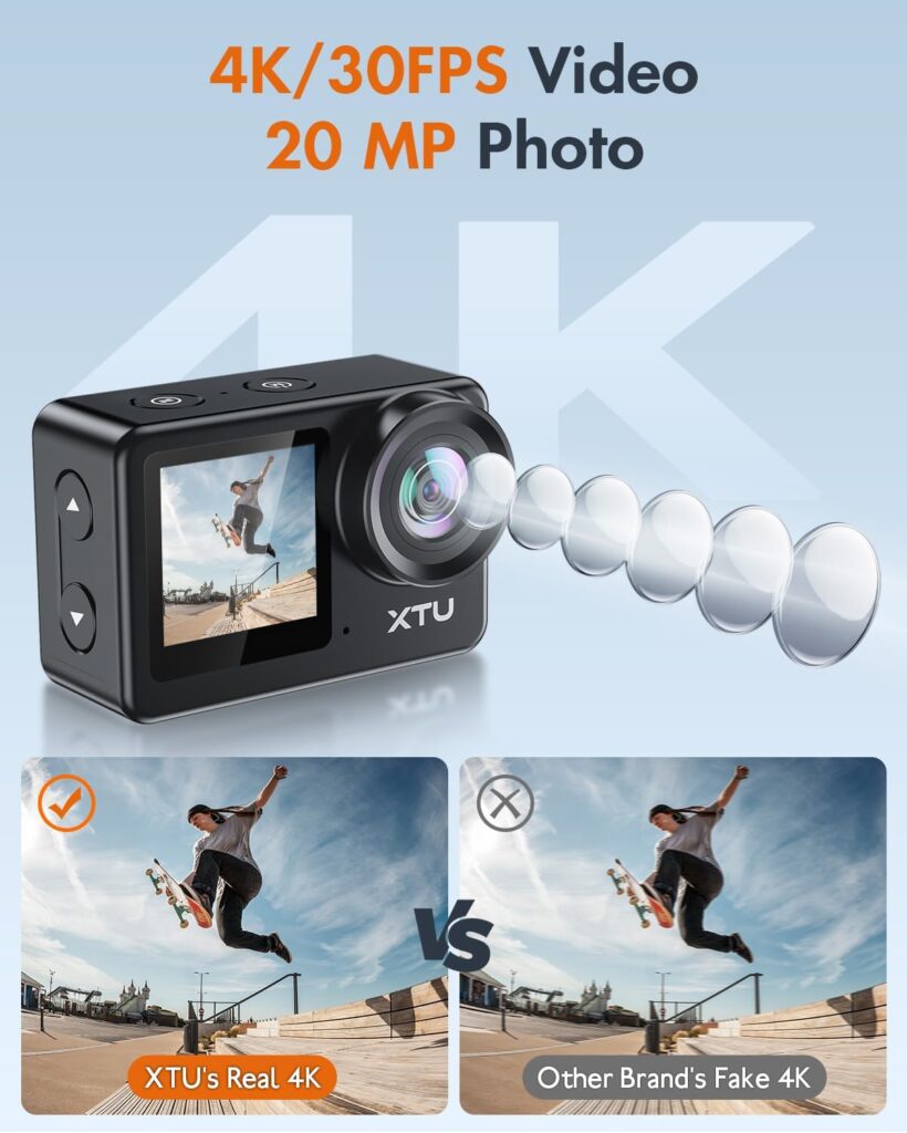 XTU S6 4K30fps 20MP Action Camera with Image Stabilization 4.0-131 Feet Underwater Camera with 64G SD card, Waterproof Sports Camera for Diving/Motorcycle, Remote/Voice Control, Touch Screen, Black