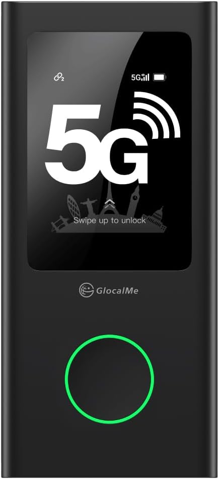 GlocalMe Numen Air 5G Portable WiFi Mobile Hotspot for Travel, CloudSIM Tech, Touch Screen, Network Congestion Monitoring, with Lifetime 16+1GB Data
