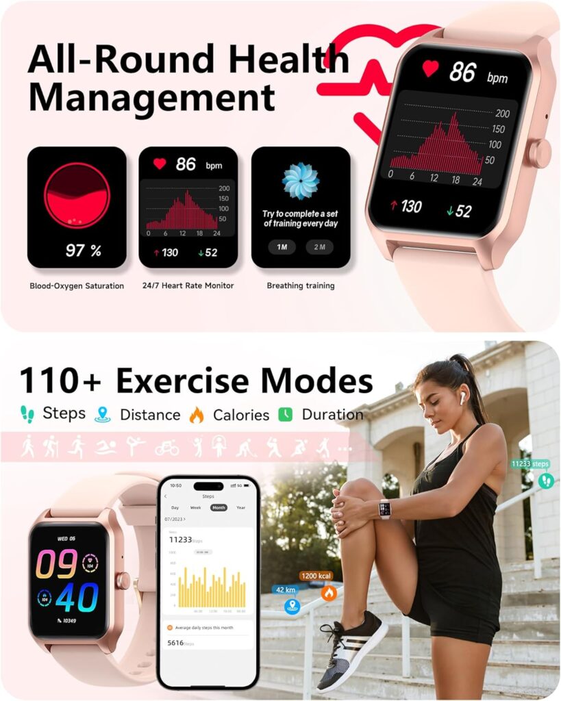 Smart Watch for Women iPhone  Android Compatible, 1.8 Fitness  Sleep Tracker with Calls/Text, Smartwatch IP68 Waterproof, 110+ Sport Modes, Heart Rate/SpO2 Monitor