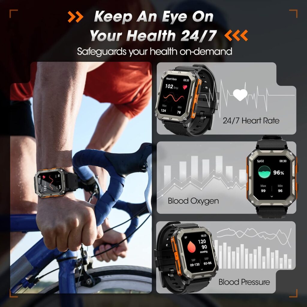 Military Smart Watch for Men with Blood Pressure (Answer/Make Call), Rugged Tactical Smartwatch for Android and iPhone, 10 ATM Waterproof Outdoor Sports Fitness Tracker with Heart Rate, Sleep Monitor