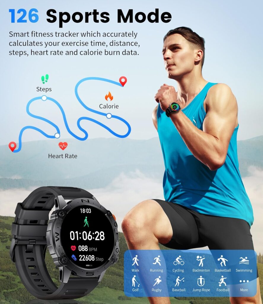 Military Smart Watch for Men(Answer/Dial Calls),1.43 AMOLED Always-on Display,Fitness Tracker 126+ Sports Modes/IP68/Heart Rate/Sleep/SpO2/Blood Pressure,Tactical Outdoor Rugged Watch for iOS Android